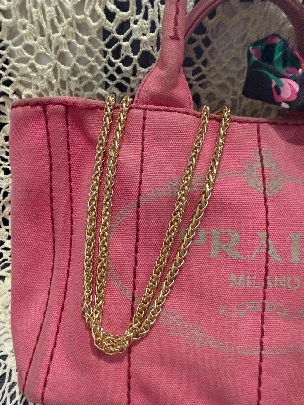 Prada Pink Canapa Canvas Tote with Floral Scarf Accent